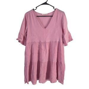 Ellison Tunic Top M Womens Coquette Pink Short Sleeve V Neck Pullover Crepe‎